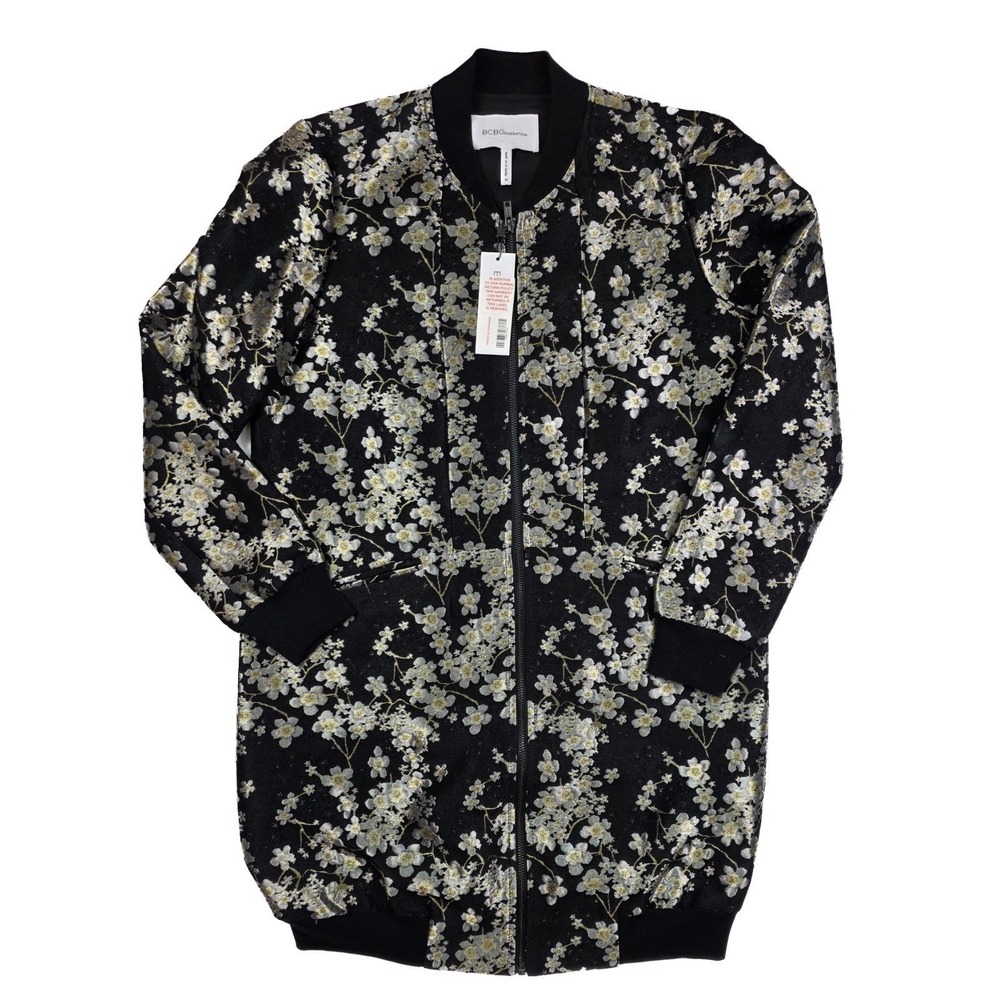 BCBGeneration Black Metallic Cherry Blossom Long Jacket Women's Size Medium NWTs